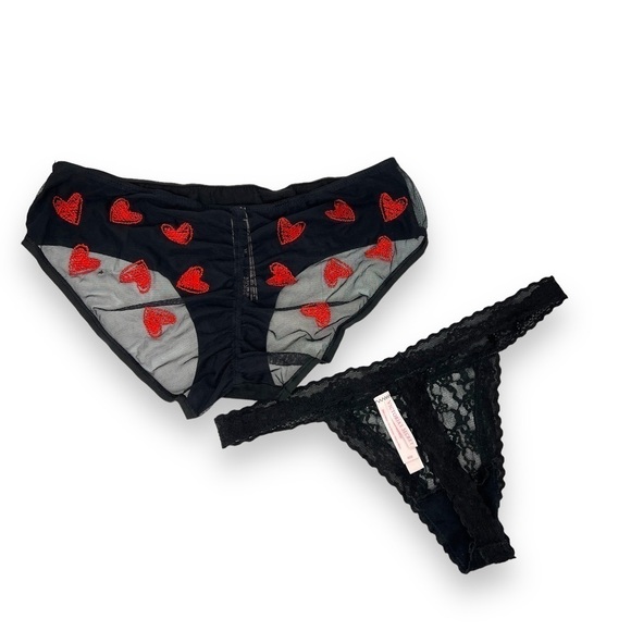 Victorias Secret Set Of Two Lace Panties Thong Cheeky Heart Print Lingerie  Med - Picture 2 of 14